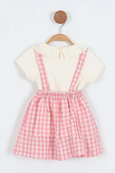 Pembe (2-5 Yaş) Yaka Fisto Tişörtlü Fiyonklu Ekose Desen Kız Çocuk Elbise 357478