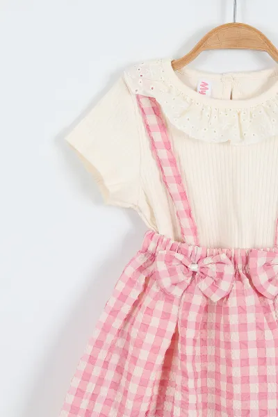Pembe (2-5 Yaş) Yaka Fisto Tişörtlü Fiyonklu Ekose Desen Kız Çocuk Elbise 357478
