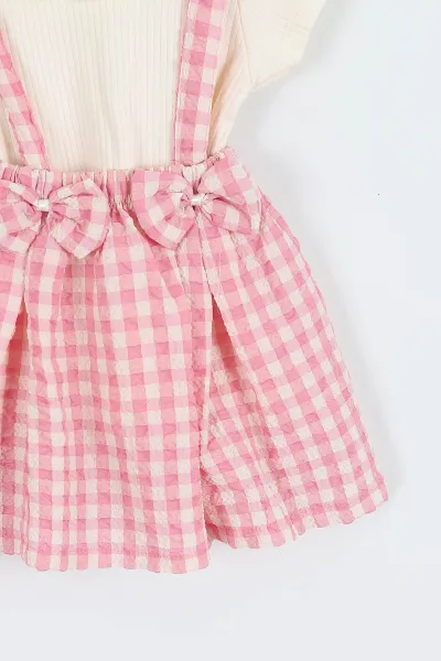 Pembe (2-5 Yaş) Yaka Fisto Tişörtlü Fiyonklu Ekose Desen Kız Çocuk Elbise 357478