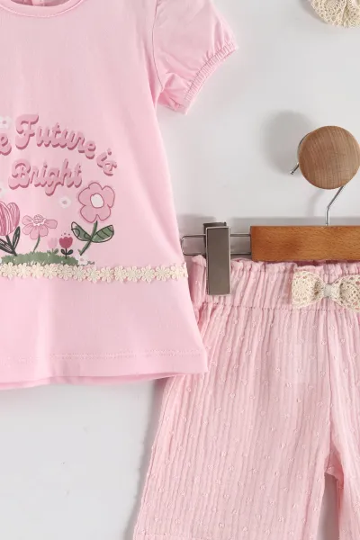 Pembe (2-5 Yaş)Baskılı Müslin Şortlu Saç Tokalı Kız Çocuk Takım 434795
