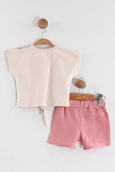 Pembe (2-5 Yaş)Çiçek Baskılı Bel Bağlamalı Müslin Şortlu Kız Çocuk Takım 436941