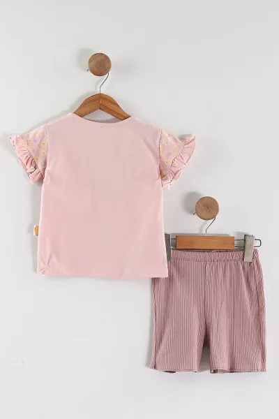 Pembe (2-5 Yaş)Cute Girl Baskılı Fitilli Şortlu Kız Çocuk Takım 446608