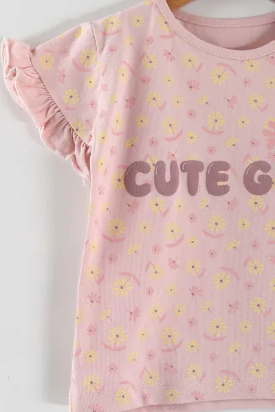 Pembe (2-5 Yaş)Cute Girl Baskılı Fitilli Şortlu Kız Çocuk Takım 446608