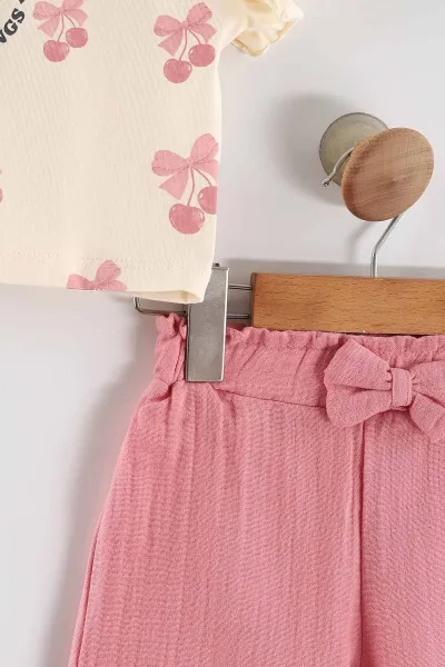 Pembe (2-5 Yaş)Kiraz Baskılı Müslin Şortlu Kız Çocuk Takım 462576
