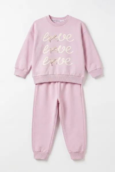 Pembe (2-5 Yaş)Love Baskılı Fiyonklu Kız Çocuk Takım 478123