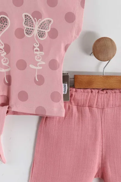 Pembe (2-5 Yaş)Taşlı Baskılı Bel Bağlamalı  Müslin Şortlu Kız Çocuk Takım 436291
