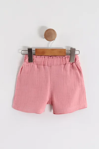 Pembe (2-5 Yaş)Taşlı Baskılı Bel Bağlamalı  Müslin Şortlu Kız Çocuk Takım 436291