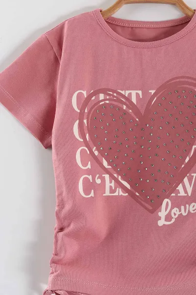 Pembe (2-5 Yaş)Taşlı Kalp Baskılı Tencel Şortlu Kız Çocuk Takım 436927