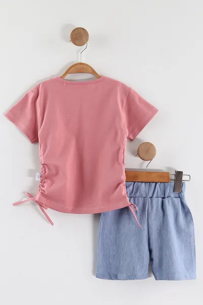 Pembe (2-5 Yaş)Taşlı Kalp Baskılı Tencel Şortlu Kız Çocuk Takım 436927