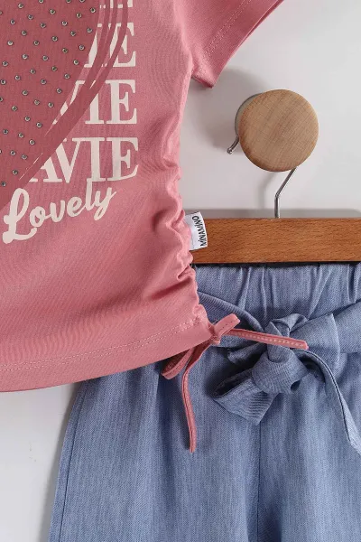 Pembe (2-5 Yaş)Taşlı Kalp Baskılı Tencel Şortlu Kız Çocuk Takım 436927