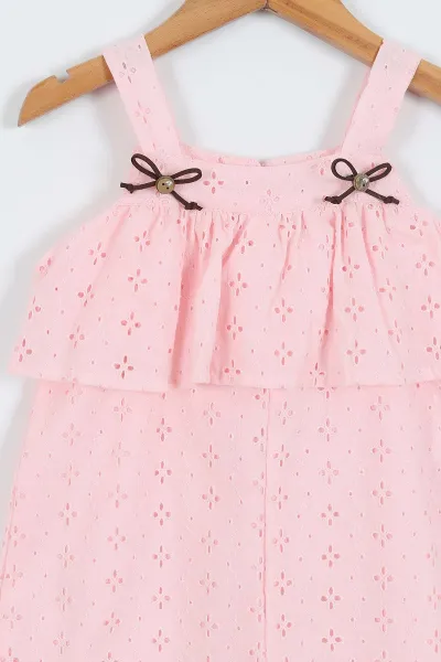 Pembe (2-6 Yaş)  Brodeli Düğme Aksesuarlı Kız Çocuk Salopet 349723