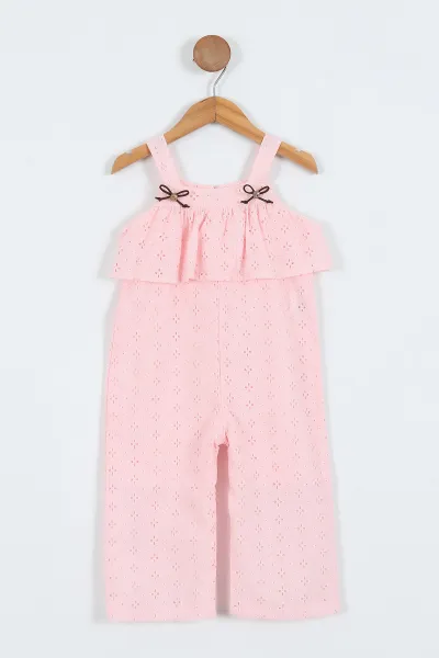 Pembe (2-6 Yaş)  Brodeli Düğme Aksesuarlı Kız Çocuk Salopet 349723
