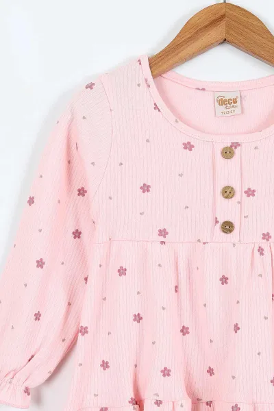 Pembe (2-6 Yaş) Çiçek Desenli Fitilli Likralı Kız Çocuk Elbise 410158