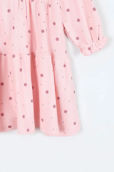 Pembe (2-6 Yaş) Çiçek Desenli Fitilli Likralı Kız Çocuk Elbise 410158