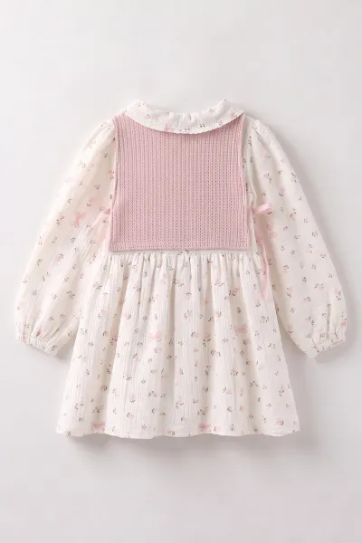 Pembe (2-6 Yaş) Çiçek Desenli Müslin Elbiseli Süveterli Kız Çocuk Elbise 483497