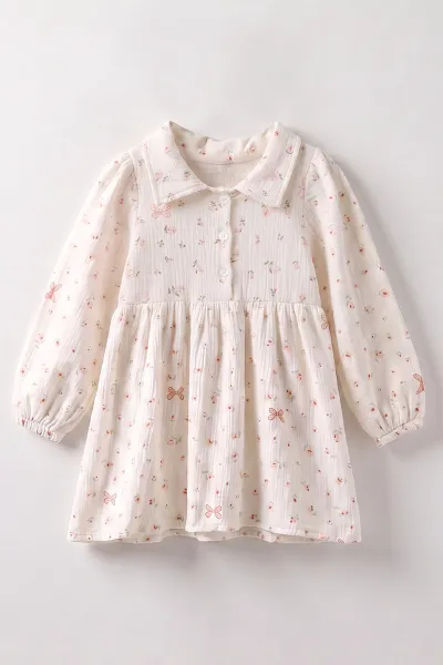 Pembe (2-6 Yaş) Çiçek Desenli Müslin Elbiseli Süveterli Kız Çocuk Elbise 483497