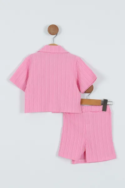 Pembe ( 2-6 Yaş) Düğmeli Çiçek Broşlu Şort Etekli Kız Çocuk Takım 342123