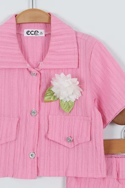 Pembe ( 2-6 Yaş) Düğmeli Çiçek Broşlu Şort Etekli Kız Çocuk Takım 342123