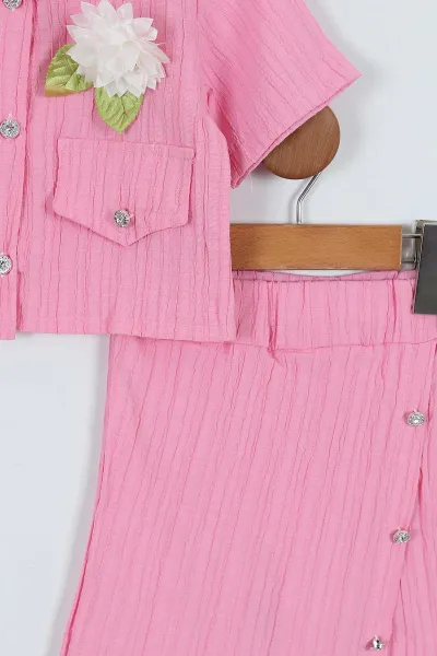 Pembe ( 2-6 Yaş) Düğmeli Çiçek Broşlu Şort Etekli Kız Çocuk Takım 342123