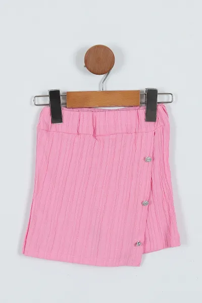 Pembe ( 2-6 Yaş) Düğmeli Çiçek Broşlu Şort Etekli Kız Çocuk Takım 342123