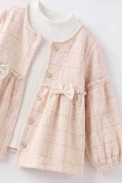 Pembe (2-6 Yaş) Fiyonklu Hırkalı ve  Gabardin Pantolonlu Kız Çocuk 3'lü Takım 483681