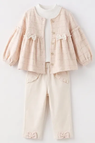 Pembe (2-6 Yaş) Fiyonklu Hırkalı ve  Gabardin Pantolonlu Kız Çocuk 3'lü Takım 483681