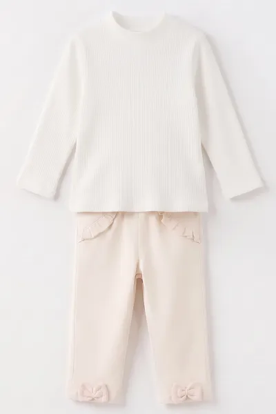 Pembe (2-6 Yaş) Fiyonklu Hırkalı ve  Gabardin Pantolonlu Kız Çocuk 3'lü Takım 483681