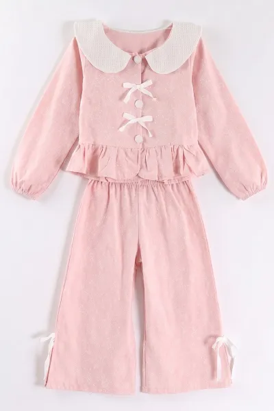 Pembe (2-6 Yaş) Geniş Yakalı Çiçek Desenli Fırfırlı Bol Paça Kız Çocuk Takım 483697