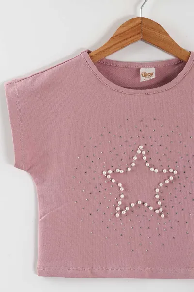 Pembe (2-6 Yaş) İncili Yıldız Baskılı Bol Paça  Pantolonlu  Süprem Kız Çocuk Yazlık Takım 449560