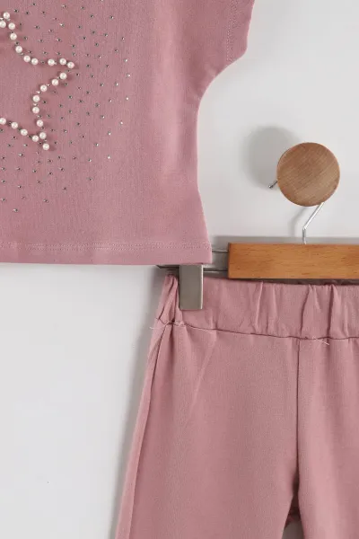 Pembe (2-6 Yaş) İncili Yıldız Baskılı Bol Paça  Pantolonlu  Süprem Kız Çocuk Yazlık Takım 449560