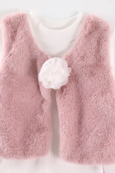 Pembe (2-6 Yaş) Kadife Pantolon ve Peluş Yelekli Kız Çocuk 3'lü Takım 483688