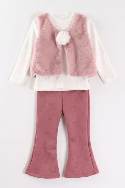 Pembe (2-6 Yaş) Kadife Pantolon ve Peluş Yelekli Kız Çocuk 3'lü Takım 483688