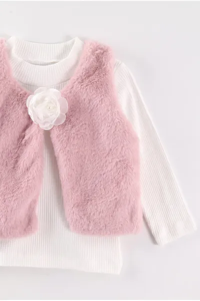 Pembe (2-6 Yaş) Kadife Şort Etekli Peluş Yelekli Kız Çocuk 3'Lü Takım 483638