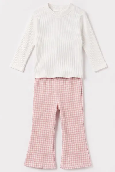 Pembe (2-6 Yaş) Kareli Pantolonlu Peluş Yelekli Kız Çocuk 3'lü Takım 491152