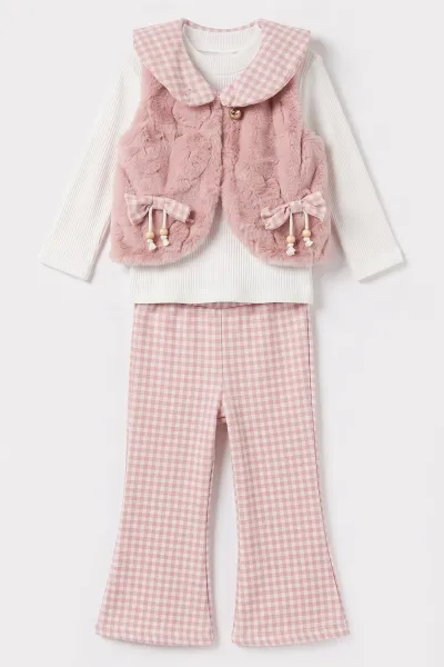 Pembe (2-6 Yaş) Kareli Pantolonlu Peluş Yelekli Kız Çocuk 3'lü Takım 491152