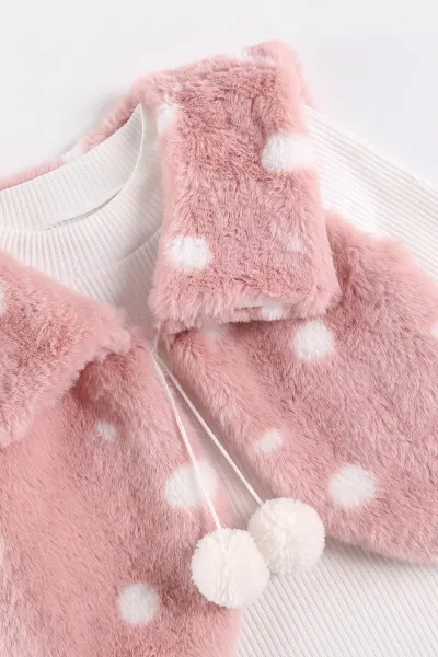 Pembe (2-6 Yaş) Peluş Yelekli Kadife Pantolonlu Kız Çocuk 3'lü Takım 491149