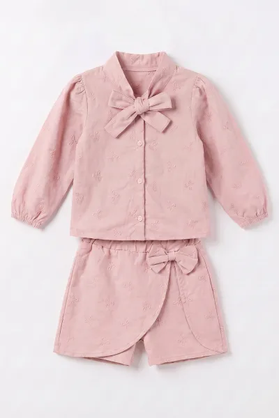 Pembe (2-6 Yaş) Peluş Yelekli Şort Etek ve Fiyonk Nakışlı Gömlekli Kız Çocuk 3'lü Takım 491164