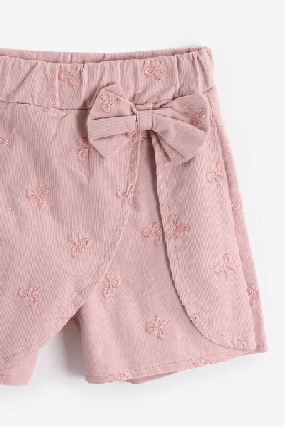 Pembe (2-6 Yaş) Peluş Yelekli Şort Etek ve Fiyonk Nakışlı Gömlekli Kız Çocuk 3'lü Takım 491164