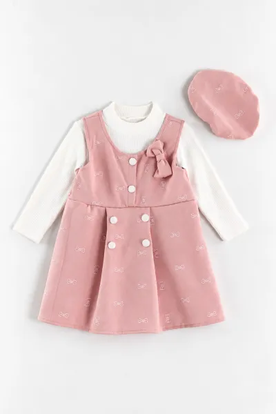 Pembe (2-6 Yaş) Raporlu Badili Şapkalı Kadife Kız Çocuk Elbise 483506