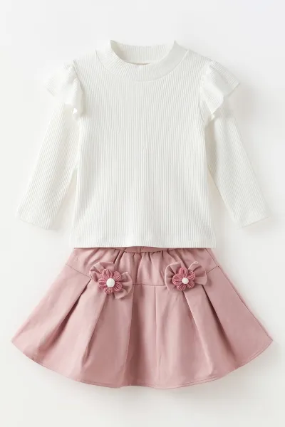 Pembe (2-6 Yaş)Gabardin Etekli Peluş Yelekli Kız Çocuk 3'lü Takım 500253