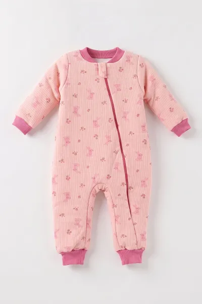 Pembe (2-6 Yaş)Tavşan Desenli Çapraz Fermuarlı Kız Çocuk Uyku Tulumu 490028
