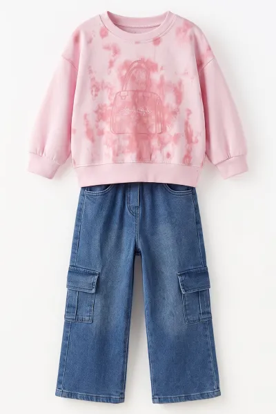 Pembe (2-7 Yaş) Batik Desenli Kot Pantolonlu Komanda Cepli Kız Çocuk 2'li Takım 499601