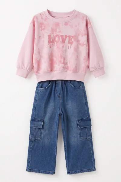 Pembe (2-7 Yaş) Batik Desenli Love Baskılı  Kot Pantolonlu   Kız Çocuk 2'li Takım 499604