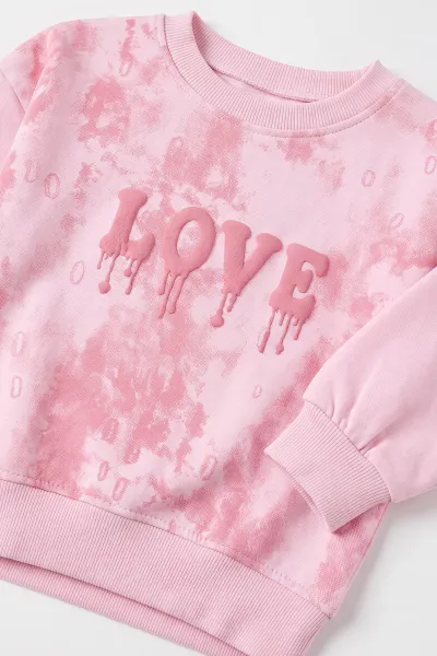 Pembe (2-7 Yaş) Batik Desenli Love Baskılı  Kot Pantolonlu   Kız Çocuk 2'li Takım 499604