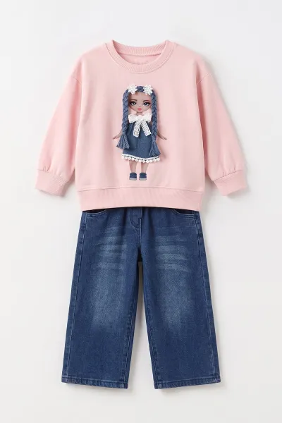 Pembe (2-7 Yaş) Bebek Figürlü Kot Pantolonlu Kız Çocuk Takım 497480