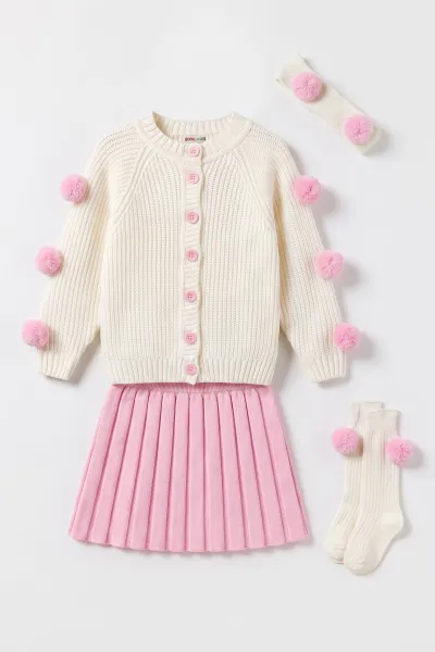 Pembe (2-8 Yaş) Düğmeli Ponponlu Etekli Kız Çocuk Takım 474173