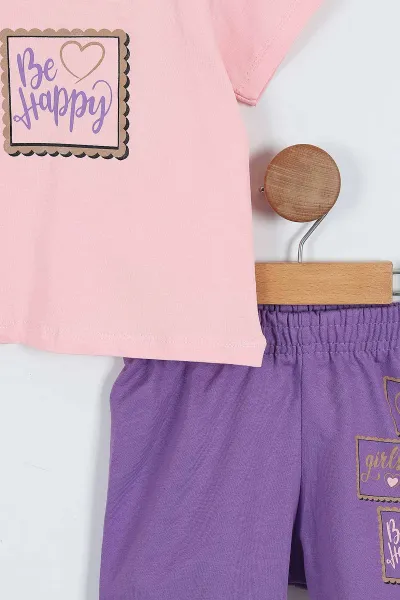 Pembe (2-9 Yaş)  Be Happy Baskılı Şortlu Kız Çocuk Yazlık Takım 354242