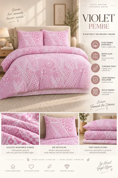 Pembe 200x220 Cm Bella Home Çift Kişilik Fitted New Box Nevresim Takımı 487084