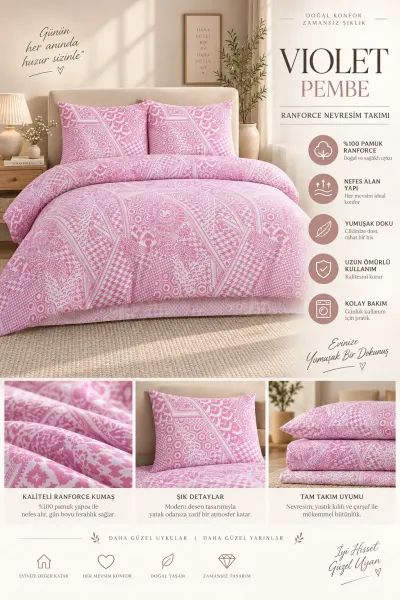 Pembe 200x220 Cm Bella Home Lastiksiz Battal Boy New Box Nevresim Takımı 492014