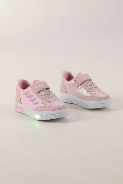 Pembe ( 26 - 30 ) Işıklı Bağcıklı Cırt Bantlı Kız Çocuk Spor Ayakkabı 439919